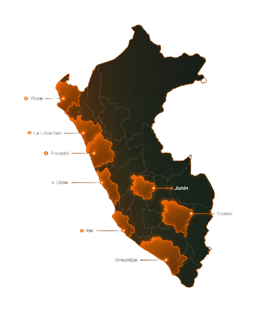 Mapa del Perú con cobertura en Lima, Áncash, Ica, La Libertad, Arequipa, Cusco, Piura y Junín